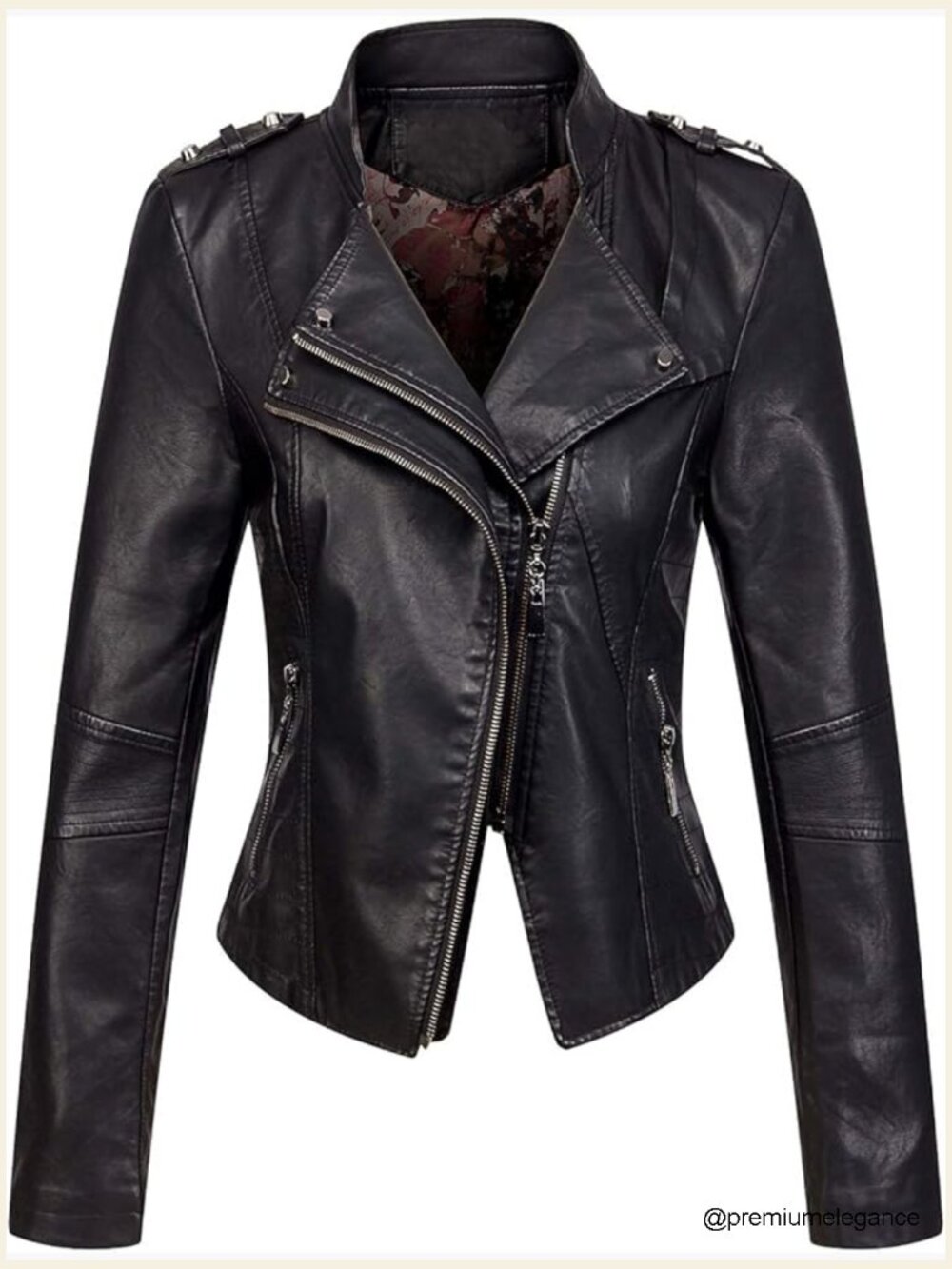 Faux Leather Cropped Moto Jacket Slim Fit Asymmetric Zip Long Sleeve